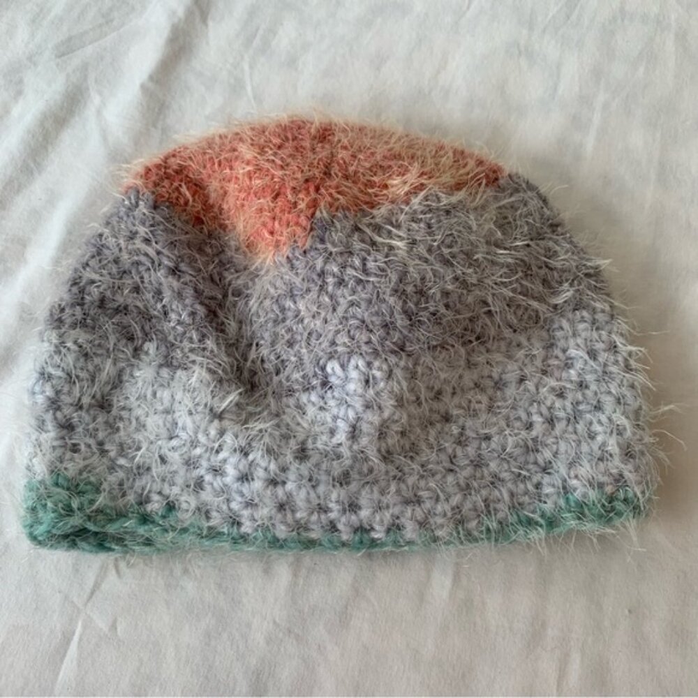 Handmade Knitted Cozy Soft Striped Grey & Coral Stripe Toque